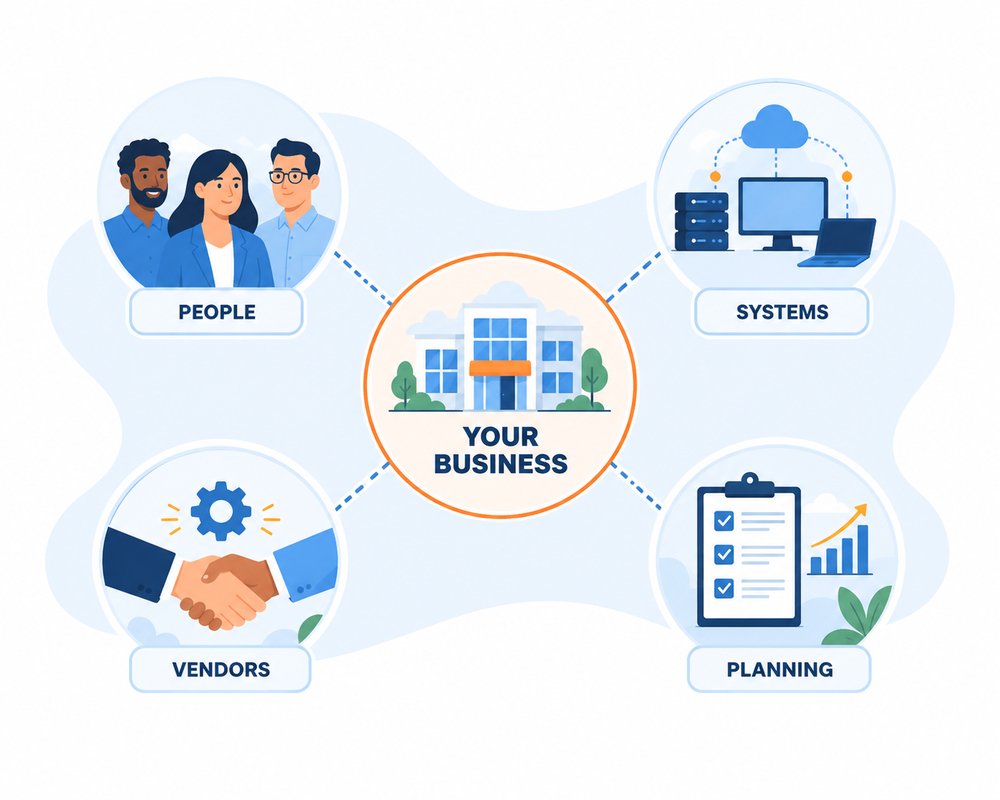 Business hub connecting people, systems, vendors and planning