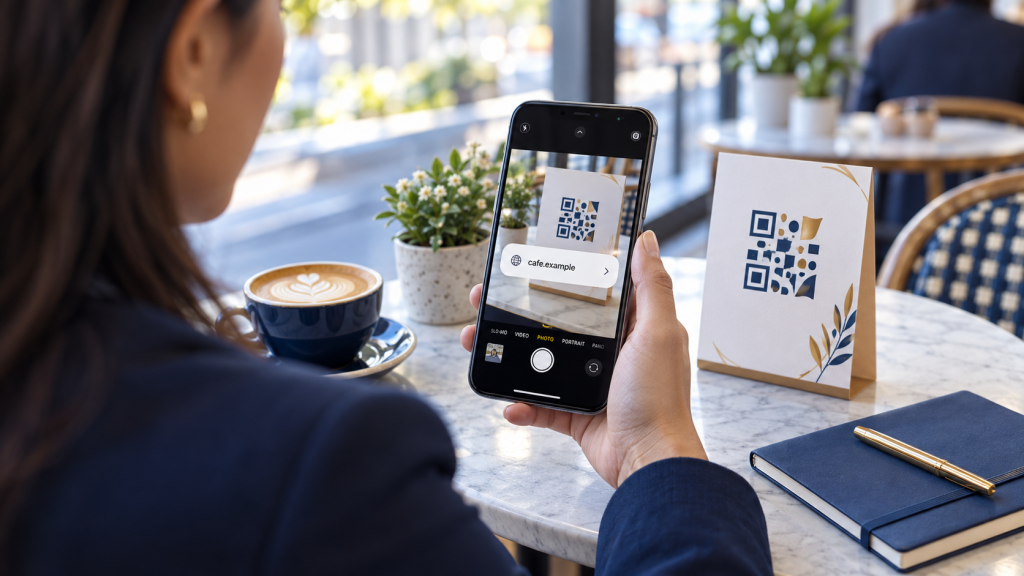 A woman checks a phone’s link preview beside a QR-style menu card at a café.