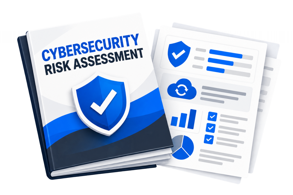 Cybersecurity risk assessment report with security, backup, and risk findings.